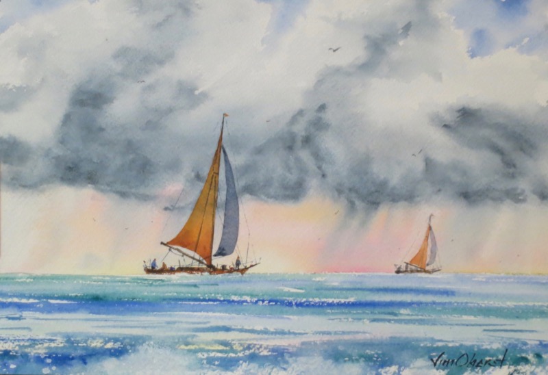 seascape, sailboat, sea, surf, clouds, rain, original watercolor painting